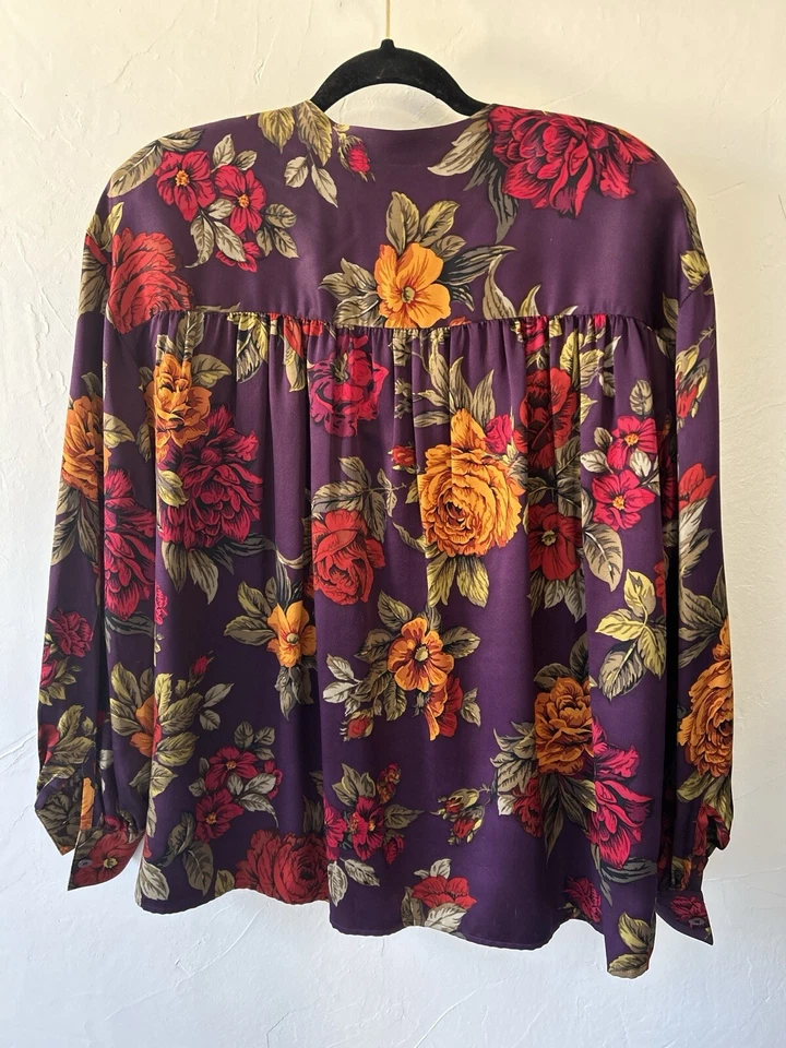 Ellen Tracy Linda Allard 100% 真丝上衣衬衫紫色橙色红色花卉 8 码 — 第 4/4 张图片