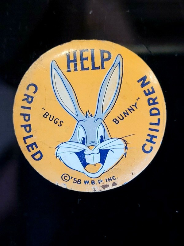 1958 ~ BUGS BUNNY "Help Crippled Children" Warner Brothers Fold Over Button/Pin