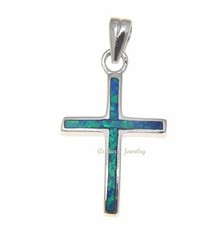 INLAY BLUE OPAL CROSS CHARM PENDANT SOLID 925 STERLING SILVER 14.30MM