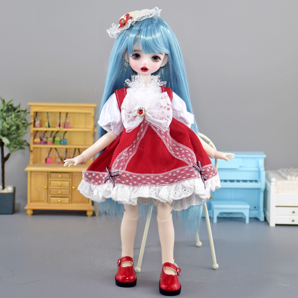 Full Set Mini 30cm BJD Doll 1/6 Ball Jointed Girls Red Dress