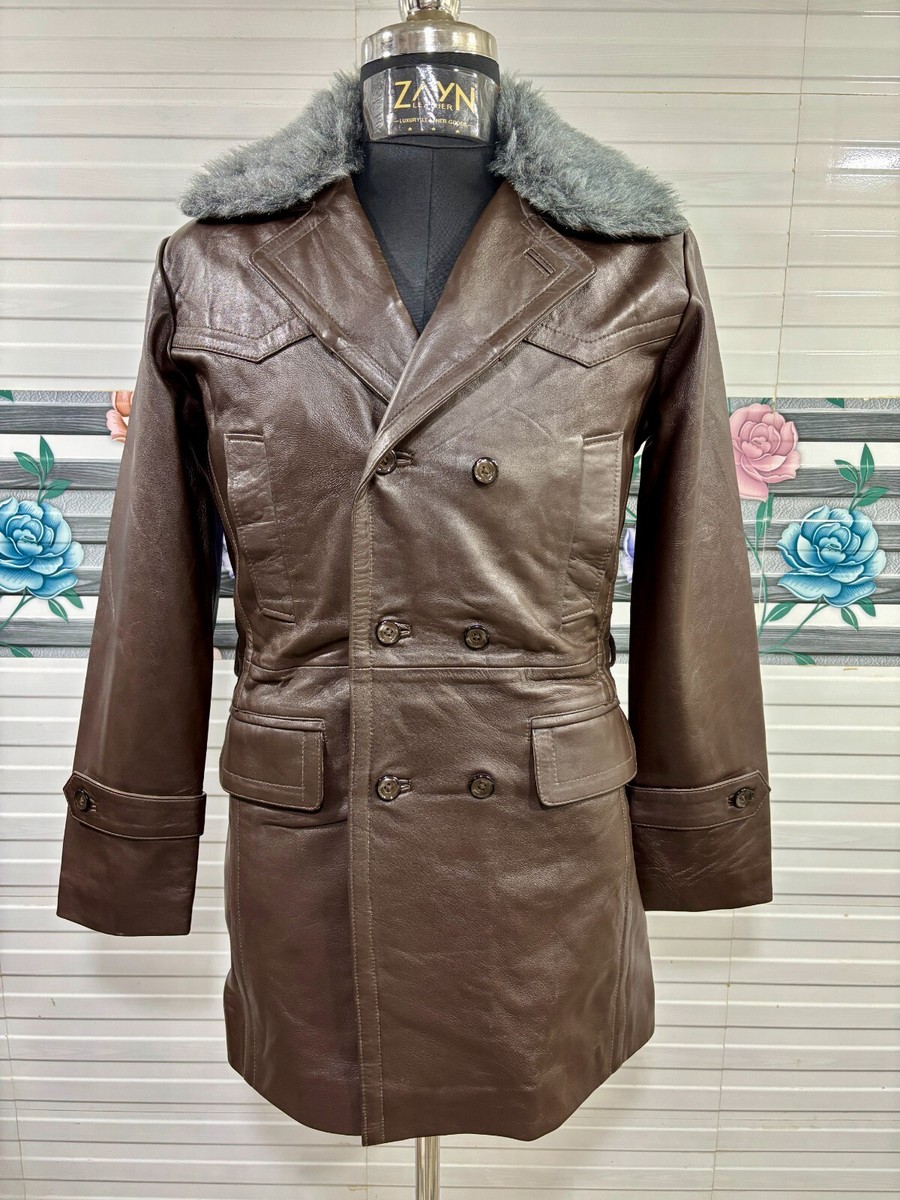 Men’s Classic Pea Coat Faux Fur Collar Brown Military 100% Real Leather  Jacket