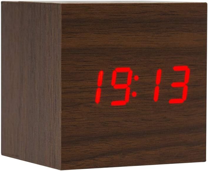 Wooden Alarm Clock - Cube LED Digital Clock with Time/Date/Temperature Display