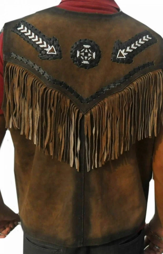 Men's Traditional Native Cowboy Western Suede Leather Vest Jacket Fringe & Beads - Image 2 of 3