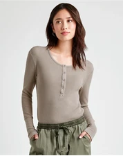 NWT SPLENDID Forever Long Sleeve Thermal Henley Top Shirt Olive Gray Tawny Sz. L