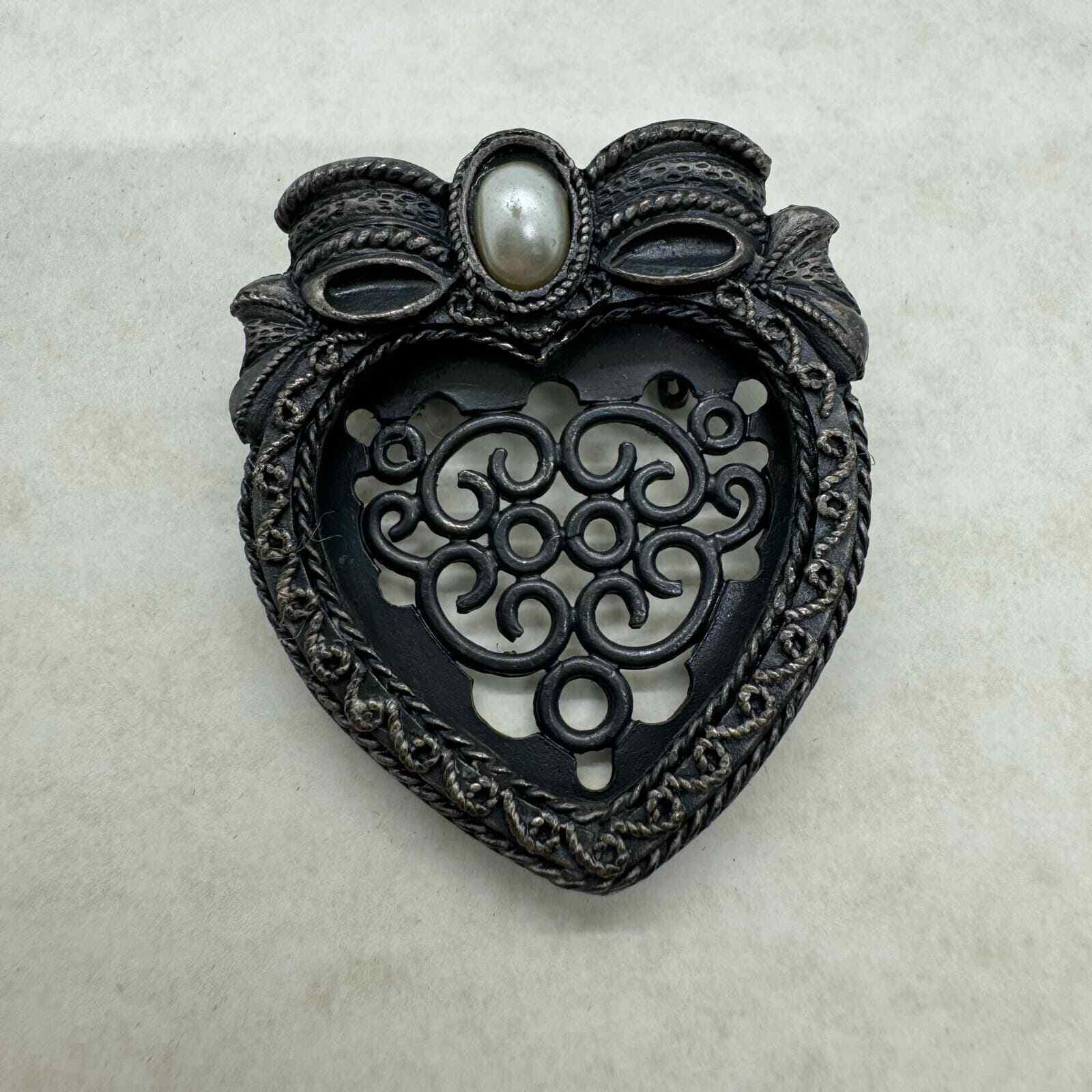 Vintage Brass Heart Shaped Filigree Brooch Pin wi… - image 1