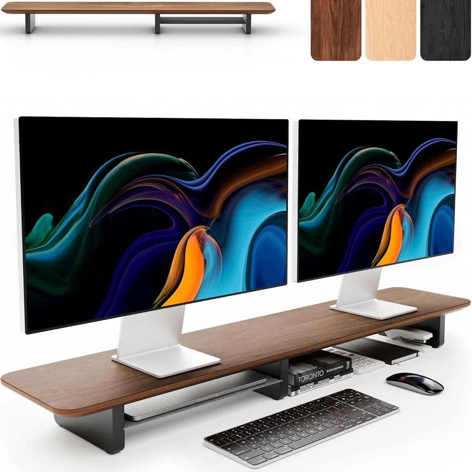 Dual Monitor Riser with Metal Shelf Wooden Desk Stand for 2 Monitors Walnut - Image 3 of 4