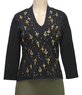 Peck & Peck Embellished  Sweater Stretch 3/4 Sleeve Silk Blend Black Size S