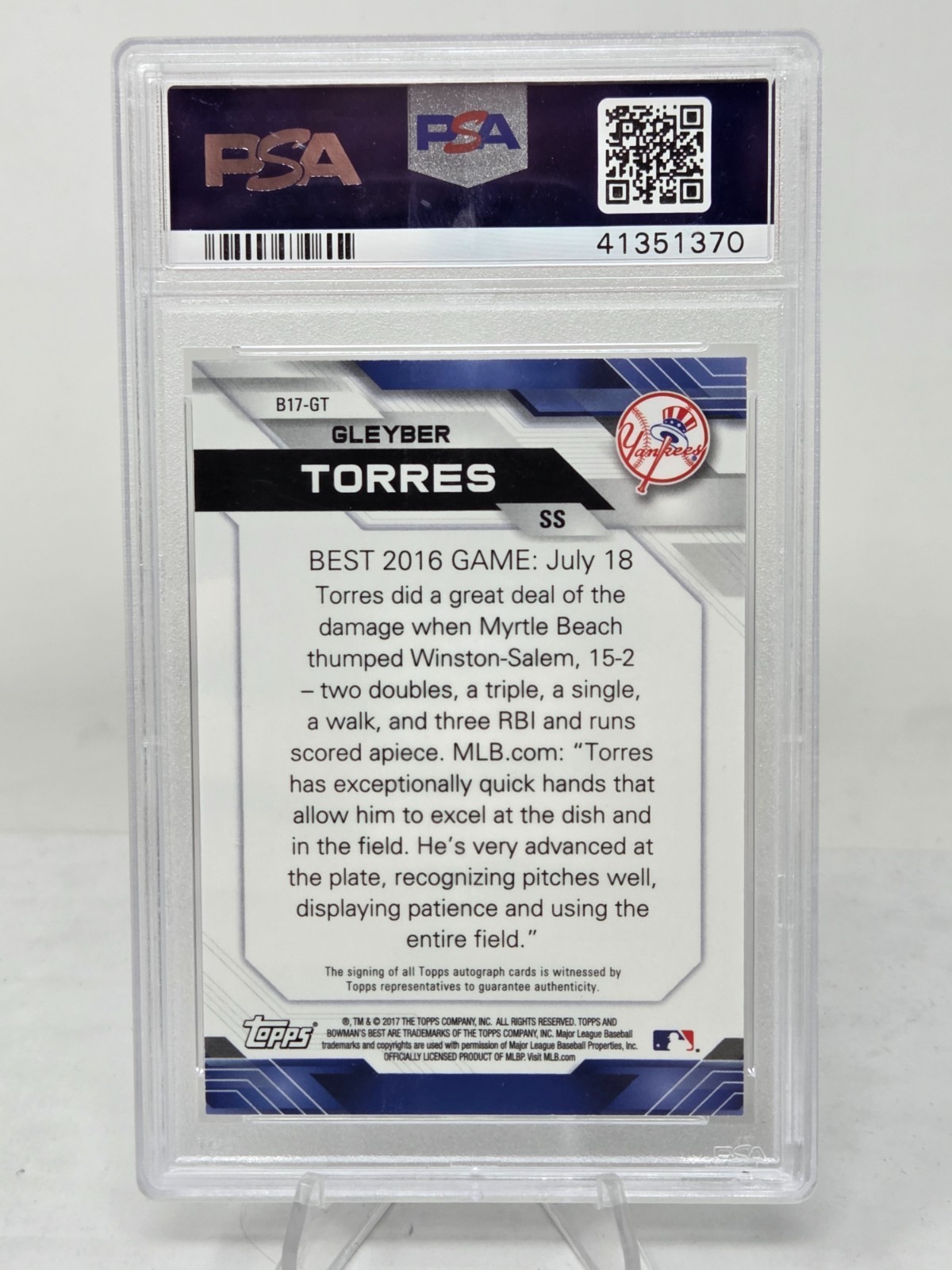 2017 Bowman Best Atomic Refractor Auto GLEYBER TORRES RC CARD/25 PSA 10 GEM MINT view 3