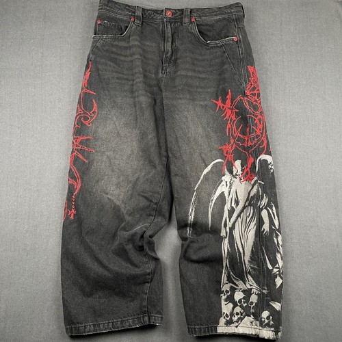 Vitriol Void Jeans Mens 34 Graphic Grim Reaper Cybersigilism Wide Leg Goth Skate