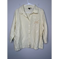 Milano Cream Brown Sequin Beaded Butterfly Embroidered Linen Coastal Top XL