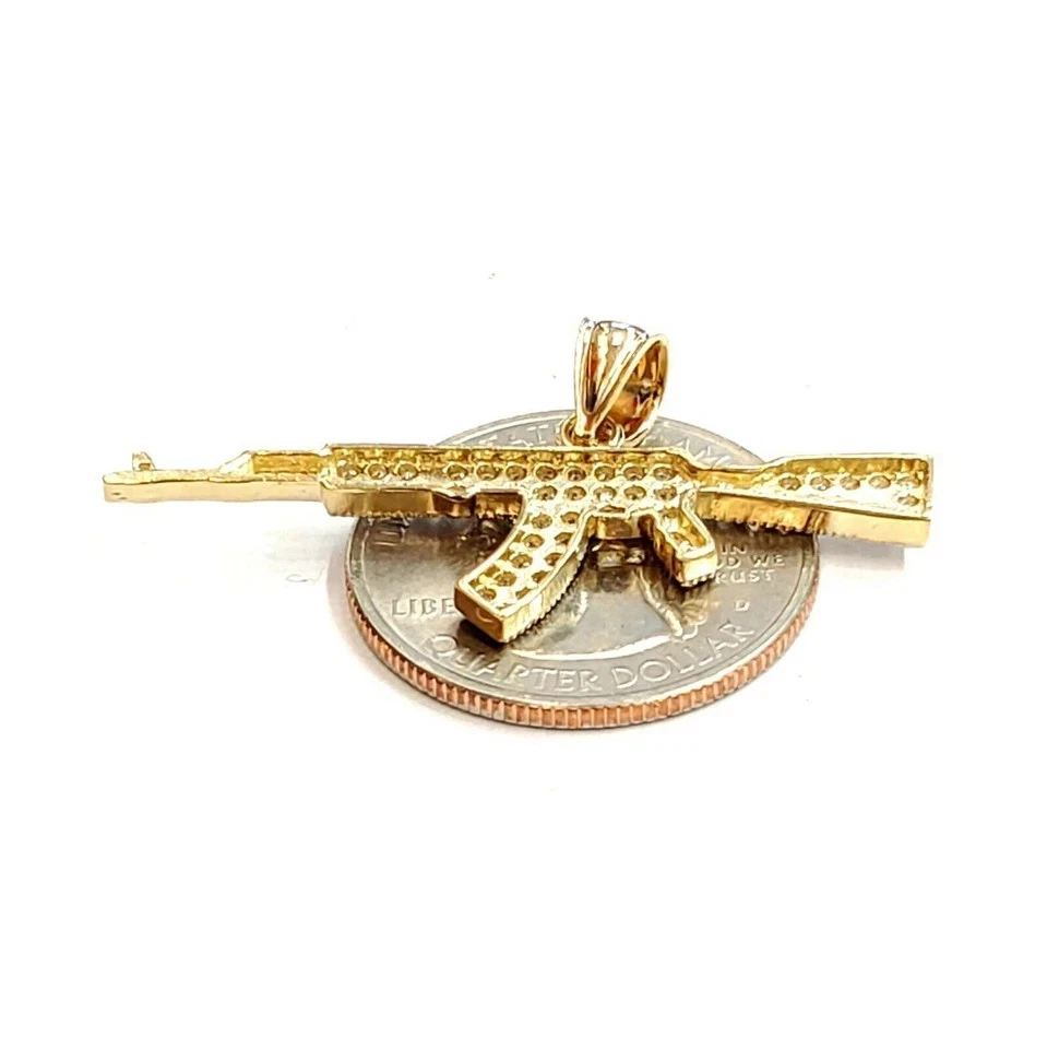14K Yellow Gold Plated 2Ct Round Lab Created Diamond AK47 Machine Gun Pendant - Image 4 of 4