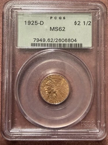 1925 D GOLD USA $2.5 DOLLAR INDIAN HEAD QUARTER EAGLE GREEN LABEL PCGS MS 62