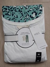 M&S Ladies Pyjama Set Size 12-14 Full Length Short Sleeve New 
