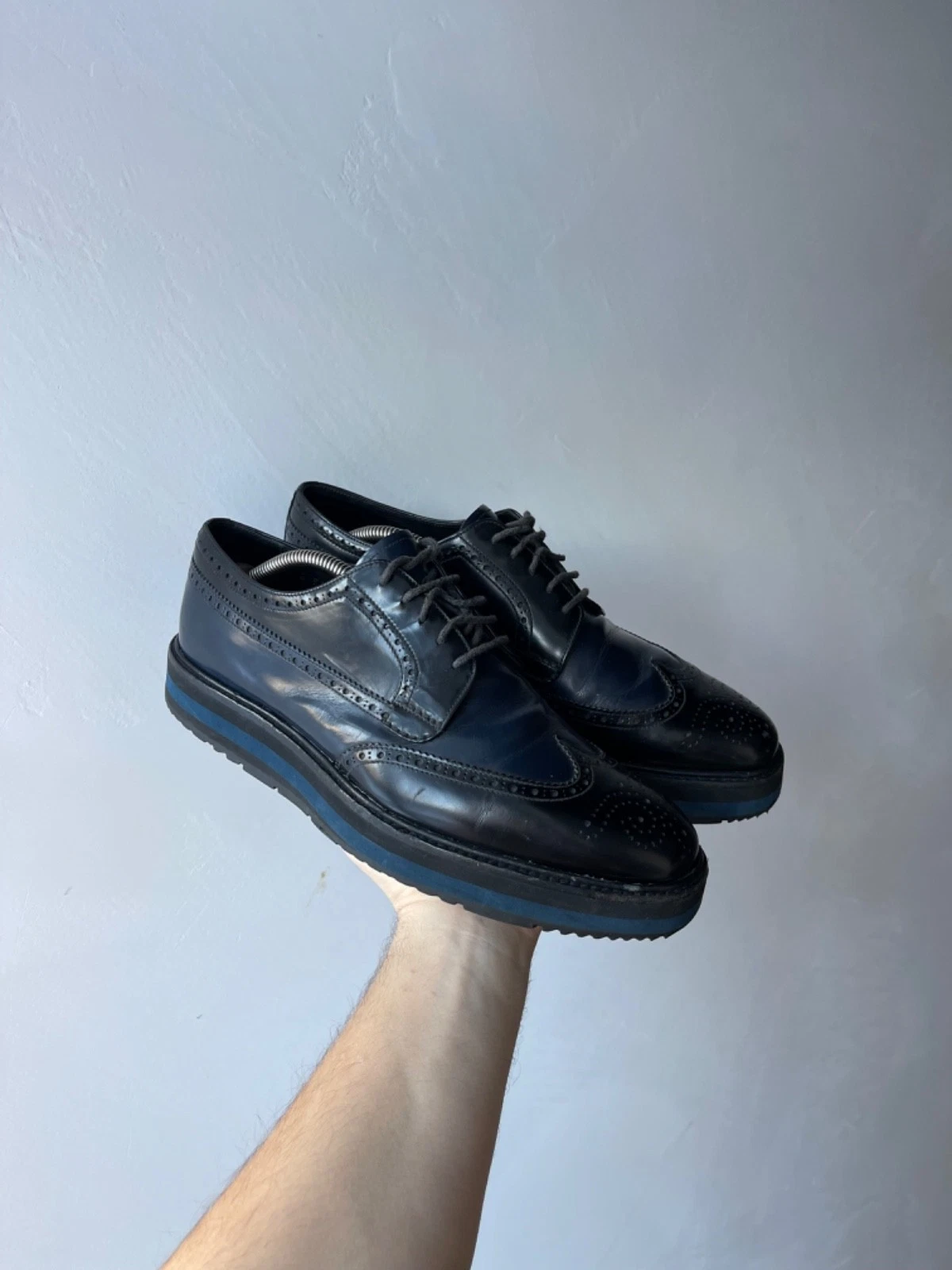 Prada Men's Blue Black Spazzolato Leather Wingtip Brogue Platform Shoes Size 6.5