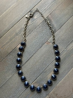 J Crew Venus Flytrap Necklace Midnight Blue Prong Set Faceted Gold Tone Necklace
