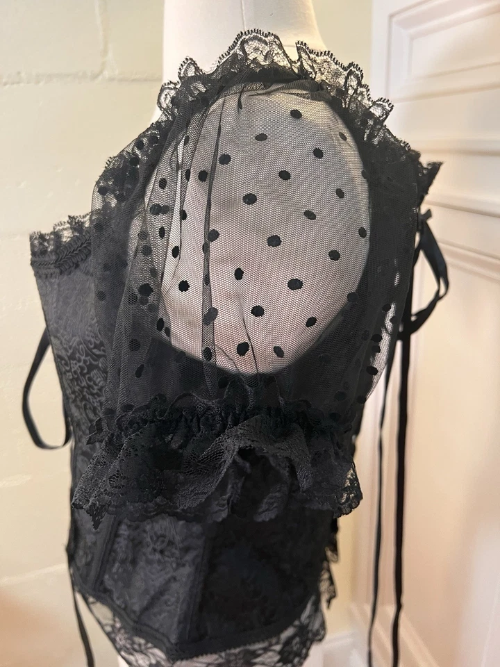 Adore Me Black Lace Corset Size XL Polka Dot Sheer Sleeves Quick Zip Back - Image 4 of 4