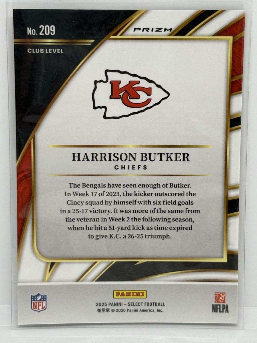 Harrison Butker Zebra Prizm Club Level - 2025 Panini Select Chiefs