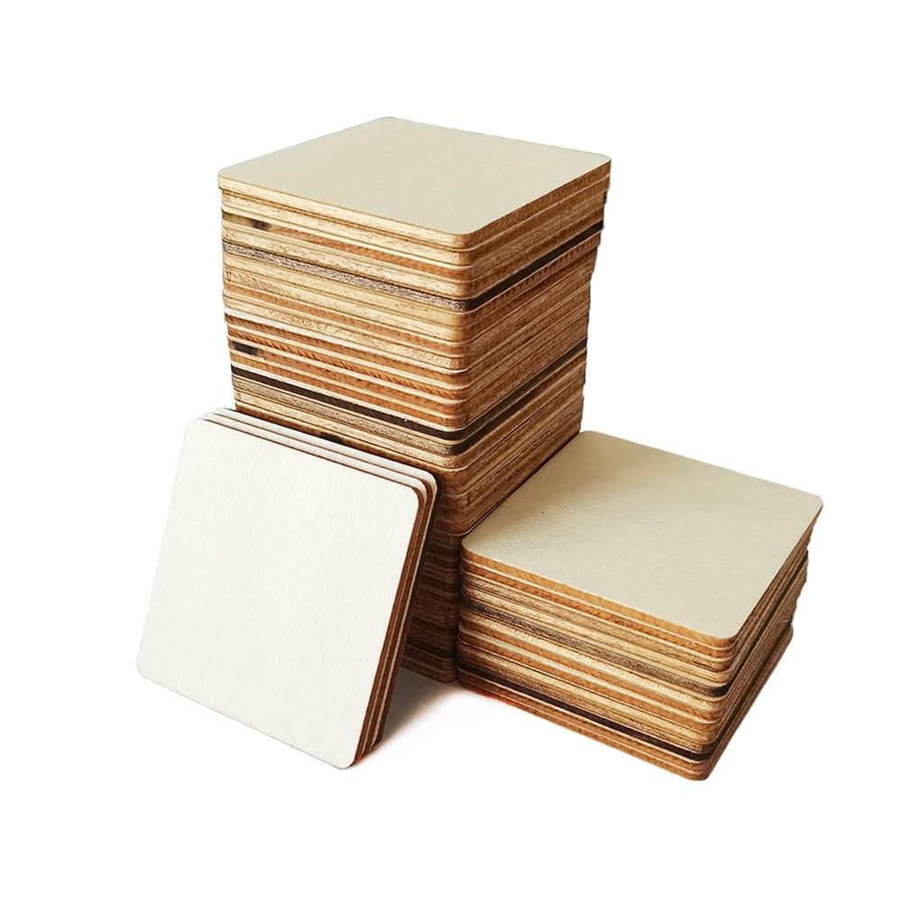 50PCS 2x2 Inch Unfinished Wooden Squares, Blank Natural Wood Pieces Wood Squa...