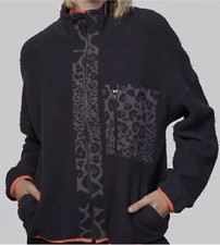 New Monrow Women's Faded Black Leopard Trim Teddy Fleece Shirt Jacket M $295