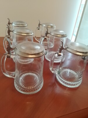 Original German Vintage Beer Steins & Pewter Lids (6pcs)/ 6 Bierkrüge Zinndeckel
