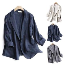Women Cotton Linen Suit Blazer 3/4 Sleeve Lapel One Button Thin Coat Slim Casual