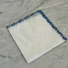 Vintage White Sheer Floral Brocade with Blue Daisy Trim Hanky Wedding READ AS IS