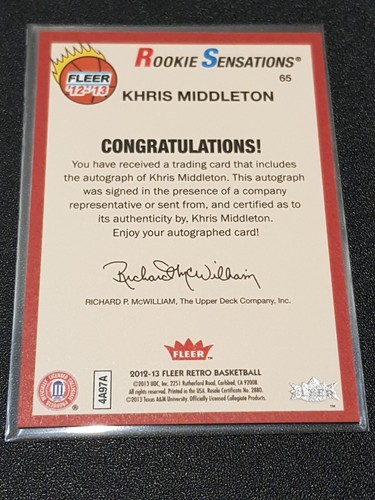 2012-13 Fleer Retro RC Khris Middleton AUTO ROOKIE SENSATIONS Signature Card #65 - Picture 9 of 15