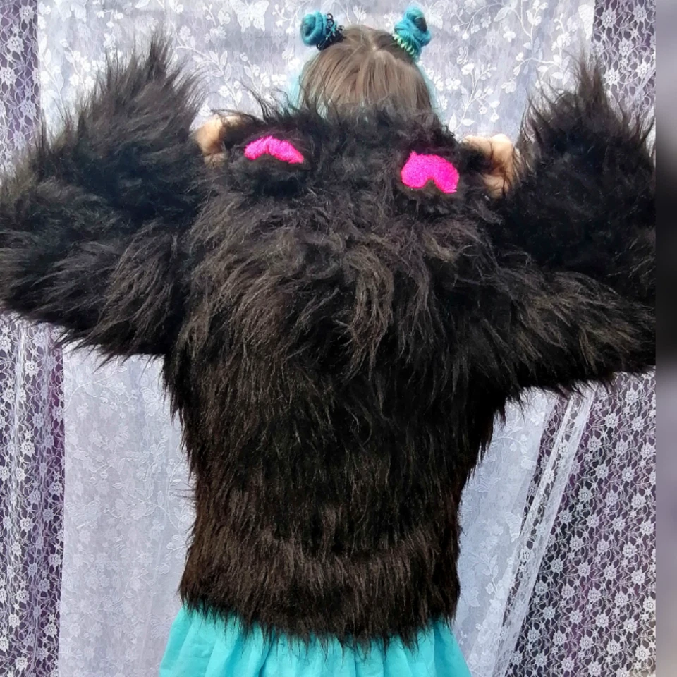 Black Faux Fur Jacket with T eady Bear Ears Size 12-14 Medium Coat Hoodie - Image 3 of 4