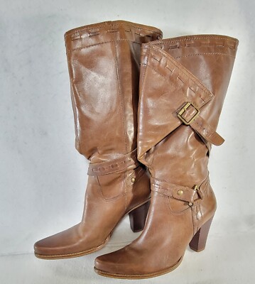 Bronx Kenny Womens Brown Leather Knee High Boots Harness Buckle Strap Size 8