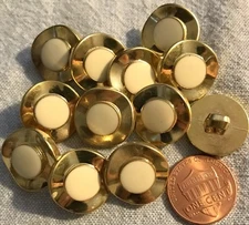 12 Shiny Gold Tone PLASTIC & Cream Center Shank Buttons 11/16" 17.5MM Lot # 3653
