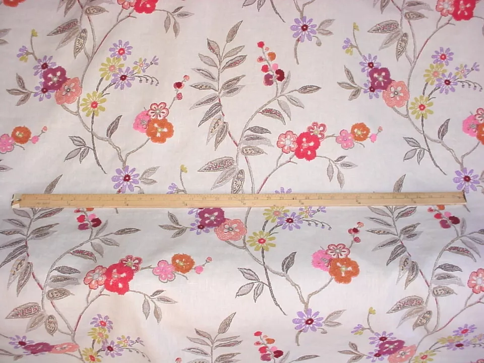 2-7/8Y Mulberry FD263 Fleurie Floral Embroidered Linen Print Upholstery Fabric - Image 2 of 4