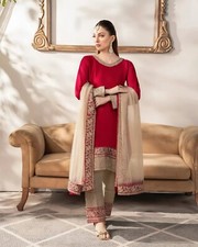 Designer Salwar Suit Set, Red and Beige, Embroidered Dupatta with Sequin Work