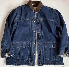 Vtg High Noon Sherpa Lined Denim Chore Barn Coat Mens XL Tall Corduroy Collar