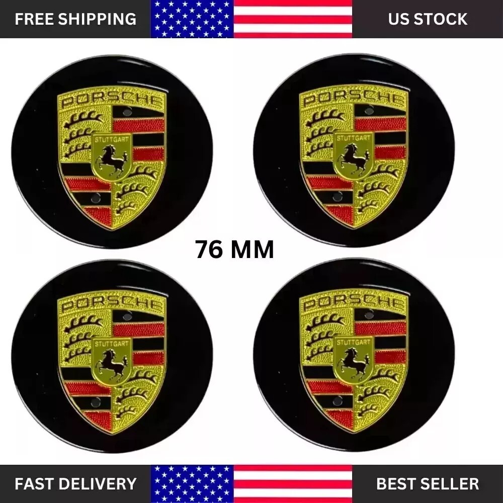 4 Porsche OEM Center Hub Caps Concave 76MM Gloss Black 911 MACAN CAYENNE.