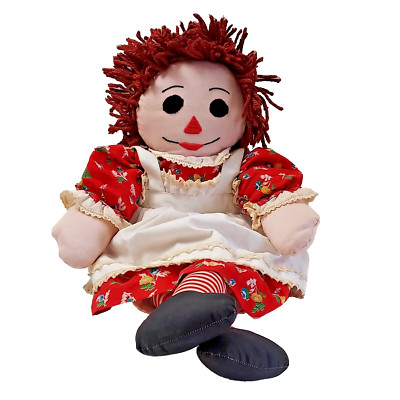 Raggedy Ann Plush 25'' Doll Handmade Red Yarn Hair Apron Dress Hand Stitched Face