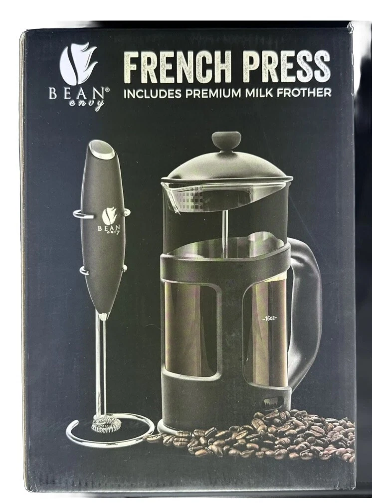 Coffee French Press Bean Envy Maker and Milk Frother Set 34 oz Glass Carafe