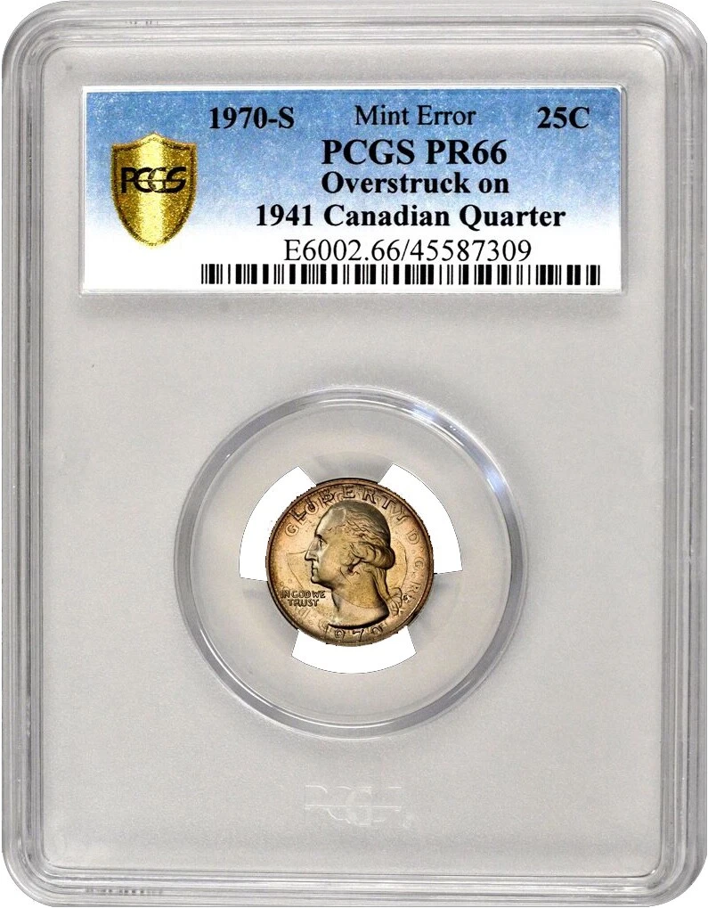 UNIQUE 1970S US Proof Washington 25C Overstruck on a 1941 Canadian 25C PCGS PR66