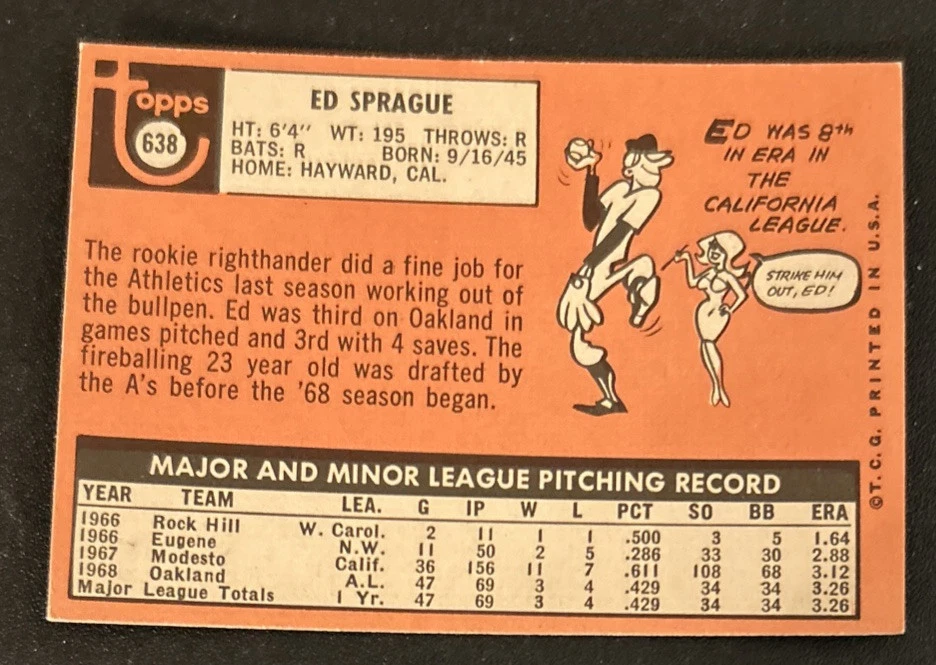 Бейсбольная карточка дебютанта 1970 Topps Ed Sprague (RC) NO638 Athletics Pitcher VG O/C - Изображение 2 из 2