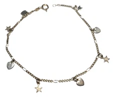 MWS Sterling Silver 925 Heart & Star Dangle Chain Bracelet 8.5-inches Italy KY05