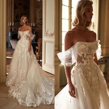 3D Flower Lace Wedding Dresses A Line Off Shoulder Pearl Beaded Gown Sweep Train