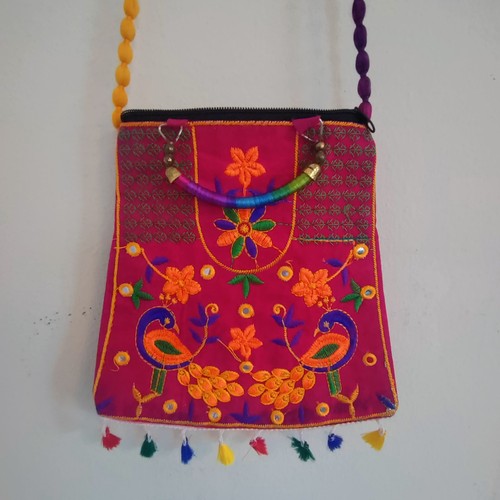 Embroidered Peacock Fabric Crossbody Bag with Zipper From India Boho Hippie New - Picture 4 of 8