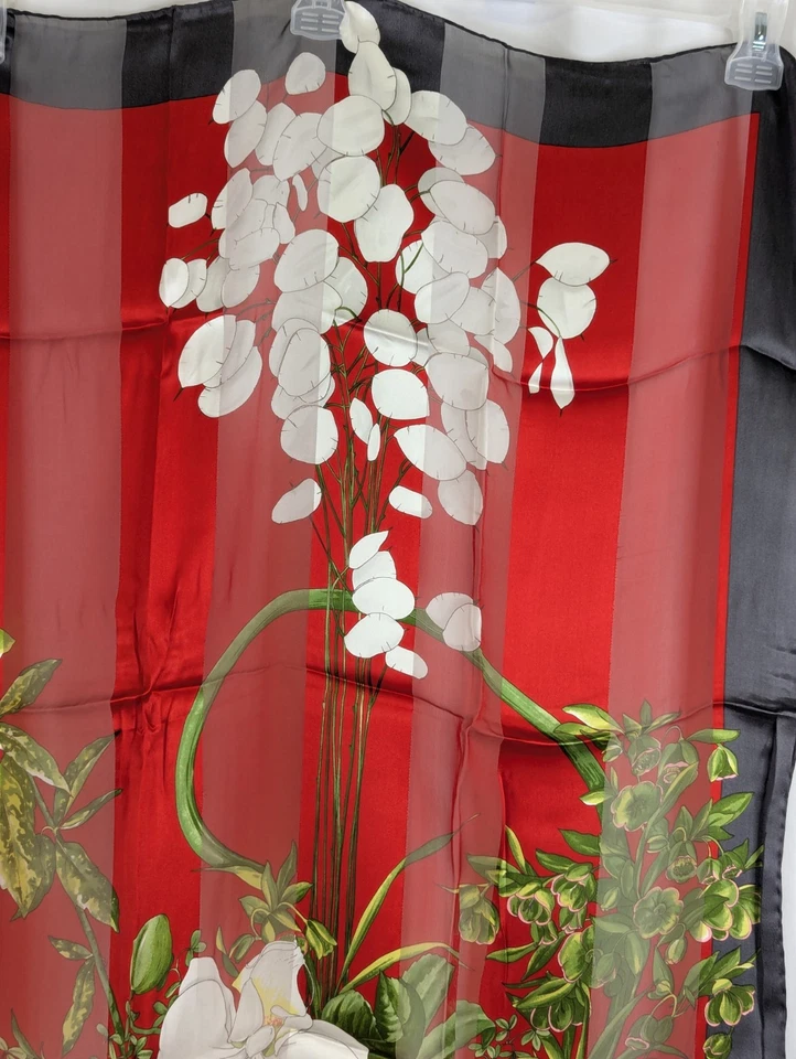 VALENTINO FOULARDS шелковый шарф цветочный орхидеи красный серый коробка 33» квадратный Италии винтажный - Изображение 4 из 4