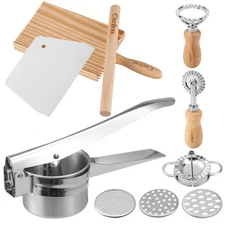 7 Pcs Potato Ricer & Gnocchi Board Kit with Dough Scraper, Ravioli Cutter, Em...