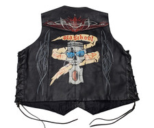 Rare BLACK GENUINE LEATHER BIKERS VEST Professionally Air Painted OLD SCHL 2XL
