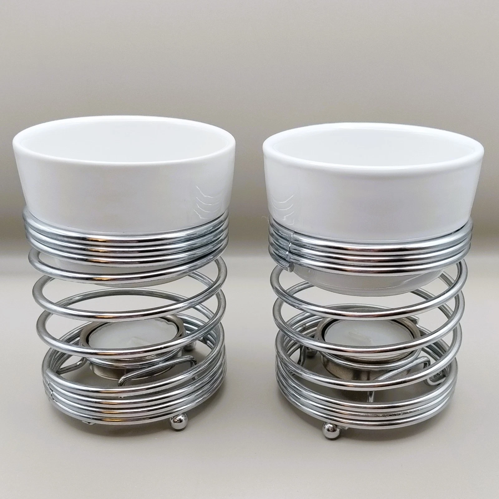 Pair Ceramic Fondue Pots Bowls Metal Holders w Tealight Candle Warmers Birthday