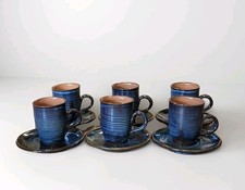 Vintage Liebermann Pottery South African Blue Coffee Cups Mugs Saucers x 6 Blue