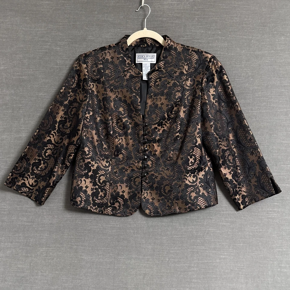 Blazer Jessic Howard 12 Petite Dorado Negro Floral Cóctel Noche Chaqueta Formal Foto 2 de 4
