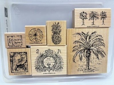Stampin  Up! BALMY BREEZES Wood Rubber Stamp Set Palm Tree Pineapple Elephant
