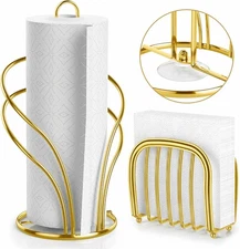 Stainless Steel Paper Towel & Napkin Holder Set with Weighted Base (Gold)