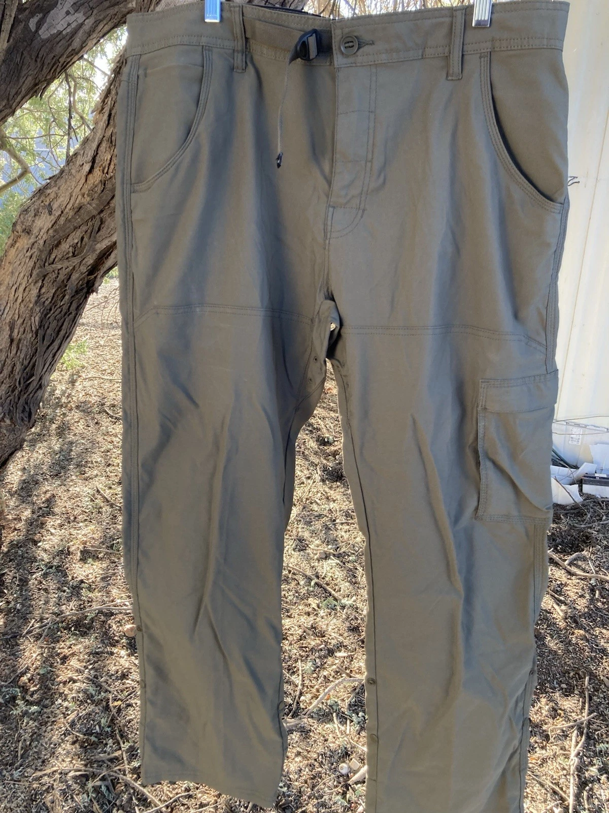 Prana Stretch Zion Pants Mens 36x30 Relaxed Fit Hiking Belted Roll Snap Up[446]